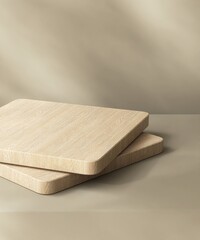 Brown wood plank podium on counter, soft beautiful dappled sunlight, leaf shadow on beige wall for luxury organic cosmetic, skincare, beauty treatment product background 3D