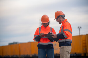 Engineers railway survey wearing safety uniform under conversation document and tablet on hand...
