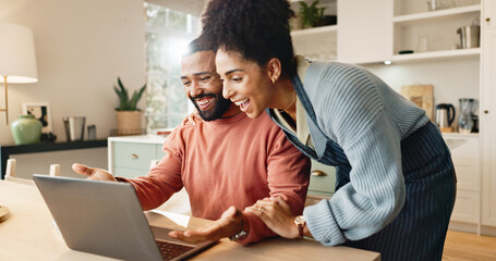 Couple, man and woman with laptop on table for online research and reading blog, with support in...