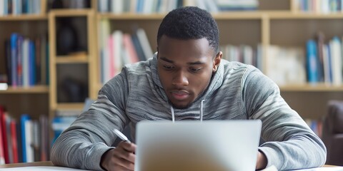 A man intensely focuses on his laptop while studying in a cozy library setting, representing dedication, concentration, and the pursuit of knowledge in a warm atmosphere.