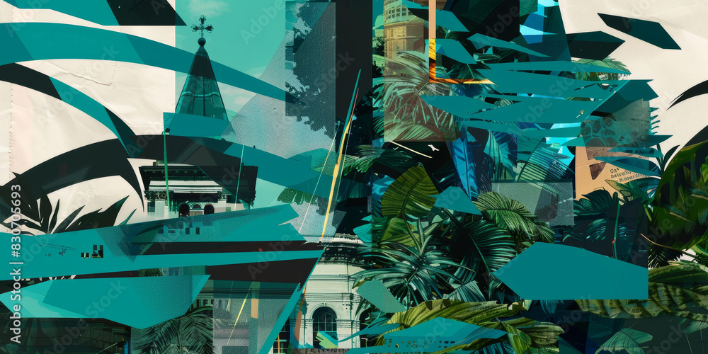 Poster futuristic collage with spire topped structure and leafy elements