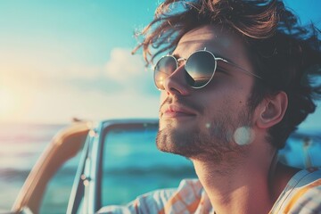 Closeup young man traveler in sunglasses standing near car on the seaside beach 