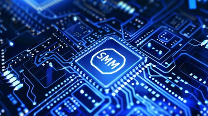 Obraz premium A blue digital text SMM on circuit board background