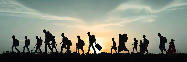 Obraz premium Silhouette of refugees people walking