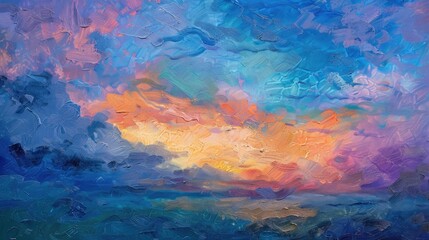 Abstract colorful oil painting of the sunset reflecting on water, creating vibrant colors and dramatic lighting, Generativee AI
