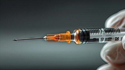 A focused shot captures a doctor's hand holding a syringe filled with vaccine, against a background with gentle blur. The image conveys the precision and expertise involved in administering medical va