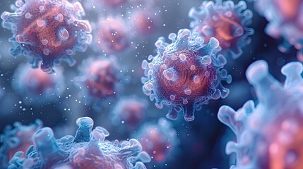 blue dangerous virus, flu infection medical Microscopic view of floating pathogen respiratory influenza virus cells.