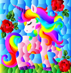 Stained glass illustration with a cute cartoon unicorn on a cloudy sky background and roses