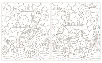 Set of contour illustrations in the style of stained glass with cute dinosaurs, dark contours on a white background