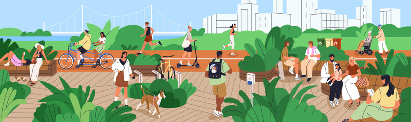 People in eco city park landscape. Characters walking, jogging, riding bicycles and scooters, enjoying summer weekend lifestyle. Men and women during outdoor rest, relax. Flat vector illustration