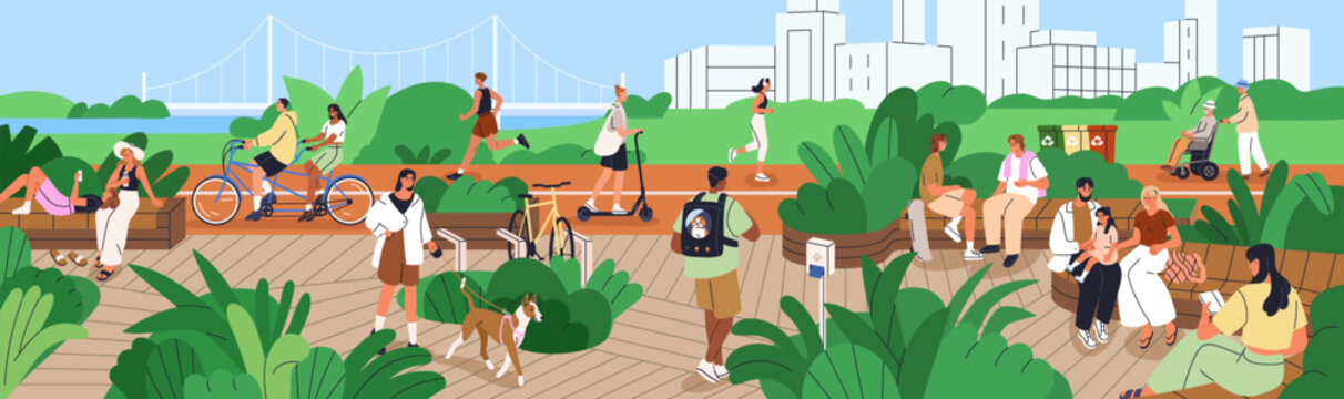 People in eco city park landscape. Characters walking, jogging, riding bicycles and scooters, enjoying summer weekend lifestyle. Men and women during outdoor rest, relax. Flat vector illustration