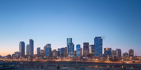 This image captures a modern cityscape at twilight, showcasing a vibrant skyline with various high-rise buildings illuminated against the clear evening sky.