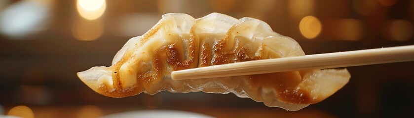 Close-up of a single gyoza being picked up with chopsticks.