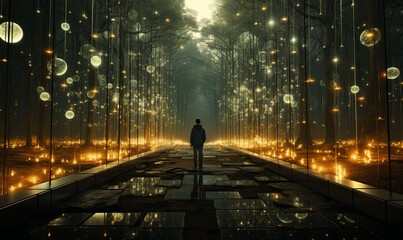 Man Standing in Illuminated Forest