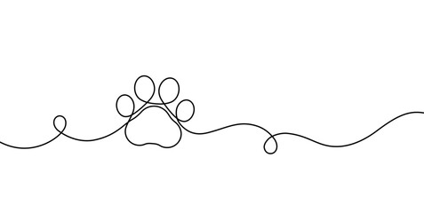 Paw print of a dog or cat. Footprint pet. Black line animal prints isolated on white background. Drawing a puppy mark. Cute hand draw canine paws. Continuous pattern line. Lineart. Vector illustration