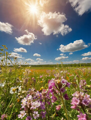 Perfect endless meadow of blooming wild flowers and bees under sunny blue sky