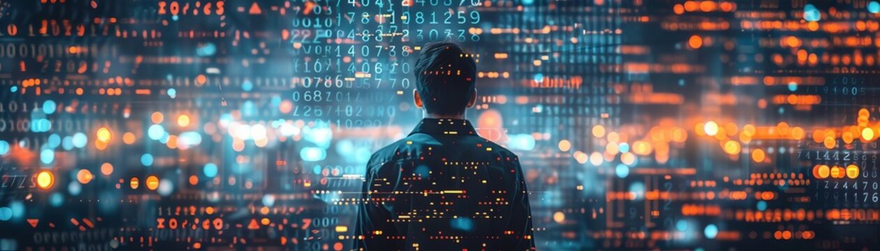 An IT specialist analyzing big data, copy space, data analytics theme, vibrant, multilayer, digital lab backdrop