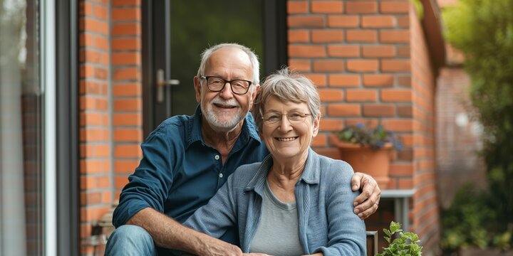 A happy older couple, with the man embracing the woman, is sitting on a brick patio in front of a house, both wearing casual clothes and displaying cheerful smiles.