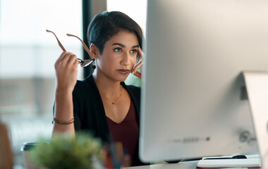 Businesswoman, stress and reading on computer in office, report for career with website...