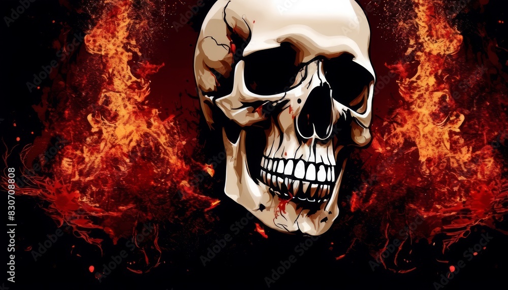 Poster artistic rendering of a skull engulfed in fierce red flames and dark smoke, depicting themes of dang