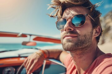 Closeup young man traveler in sunglasses standing near car on the seaside beach --