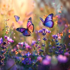 Vibrant Wildflowers with Two Fluttering Butterflies