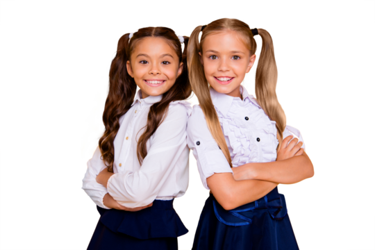 Close up portrait of confident small girls adorable, beautiful, pretty, charming, gorgeous stand back to back and look directly at the camera with crossed arms  isolated on shine yellow background