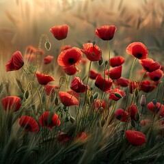 Fototapeta premium Vibrant Field of Poppies: A Field of Remembrance