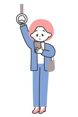 通勤電車でスマホを見ている女性のイラスト