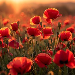 Vivid Sunset over a Field of Poppies