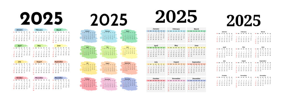 Set of calendars for 2025 isolated on a white background