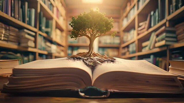 The tree on stack piles of book in library, An open book with tree growing. Education, Knowledge	