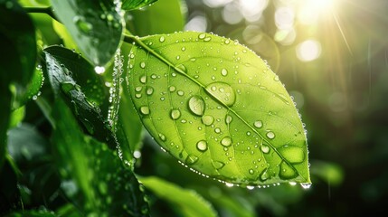 A beautiful fresh green leaf covered with raindrops and highlighted by the sun. The plant has a beautiful expressive structure.AI GENERATION