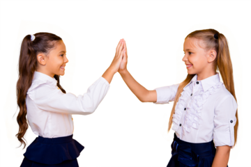 Profile side view photo of lovely, sweet, adorable, beautiful, pretty small girls isolated on shine yellow background clap into the palm of hand