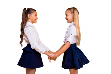 Profile side view photo of beautiful, charming, gorgeous, adorable small girls isolated on shine yellow background holding hands and looking at each other smiling