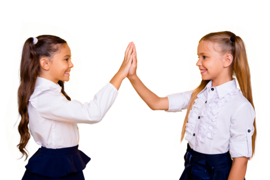 Profile side view photo of lovely, sweet, adorable, beautiful, pretty small girls isolated on shine yellow background clap into the palm of hand