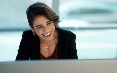 Happy, corporate woman and computer with pride, ambition and confidence in career as business...