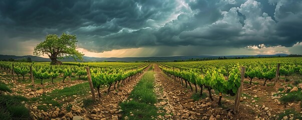 vineyard during a stormy day during spring in the denomination of origin region of Ribera del Duero in the province of Valladolid in Spain