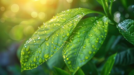 A beautiful fresh green leaf covered with raindrops and highlighted by the sun. The plant has a beautiful expressive structure.AI GENERATION