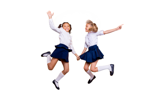 Achievements concept, dynamic images. Full length, legs, body, size portrait of nice, lovely, sweet, beautiful, careless, small girls in formal wear jumping isolated on yellow background
