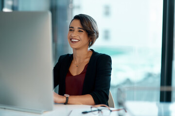 Happy, corporate woman and computer with vision, planning and confidence in career as receptionist. Smile, female person and technology for email communication, scheduling and networking in office