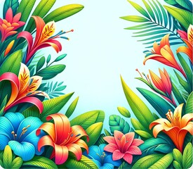 A vibrant and colorful border illustration with Clivia flowers, lush green leaves and other tropical flower
