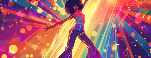 a colorful illustration of a woman dancing in a 70s disco. She should be wearing a stylish outfit and have an afro. The background should be bright and full of energy, with a hint of nostalgia.