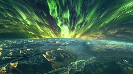 Beautiful starry sky, aurora, snow capped mountains and land background illustration, dreamy galaxy, night sky abstract poster webpage design
