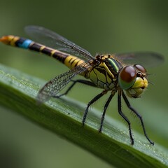 a dragonfly with a brightly colored striped body on a plant
