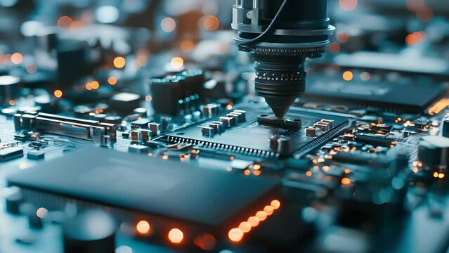 Artificial intelligence for industrial revolution and automation manufacturing. Robot arm inside electronics factory, Component installation on circuit board	