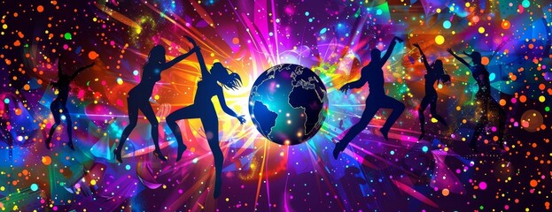 Colorful abstract background with dancing people and a globe.