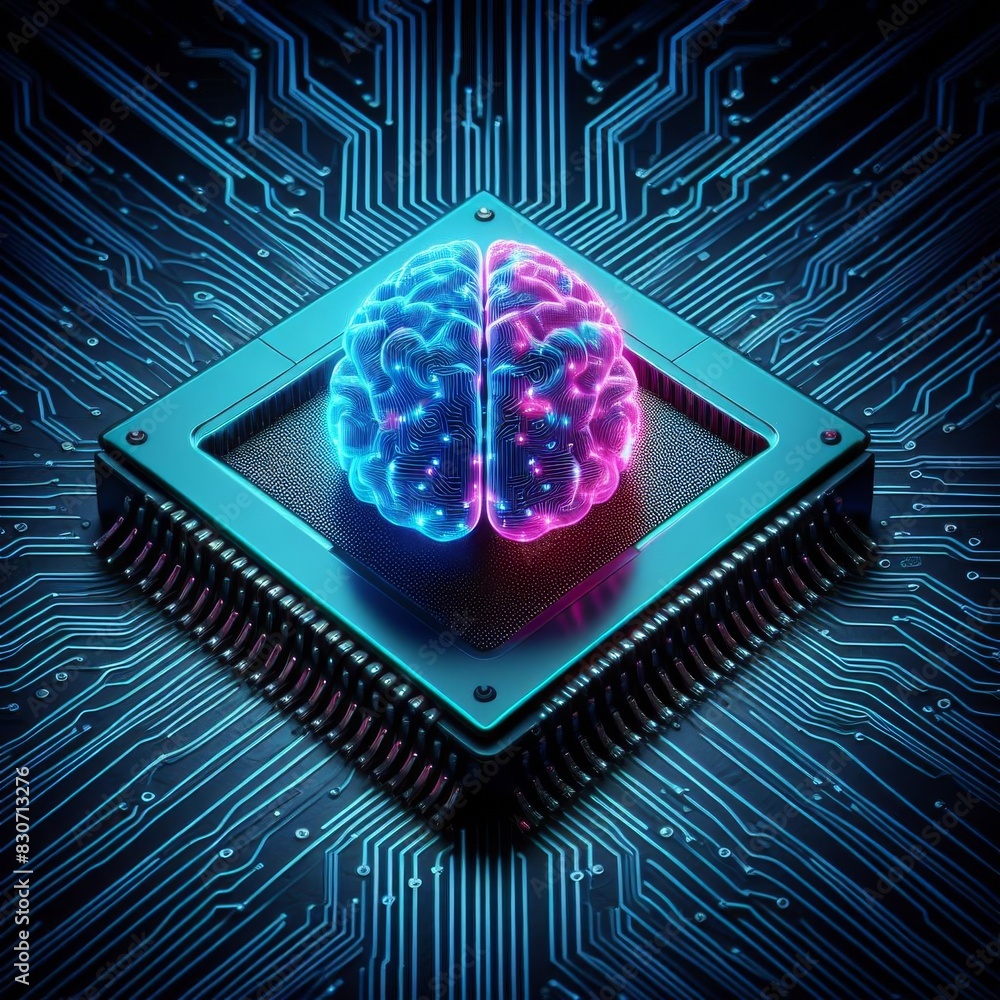 Poster a glowing brain in blue and pink divides symmetrically atop a microchip on a circuit board backgroun