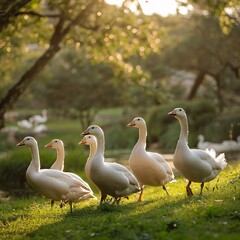 Obraz premium A Flock of White Geese in a Park at Sunset