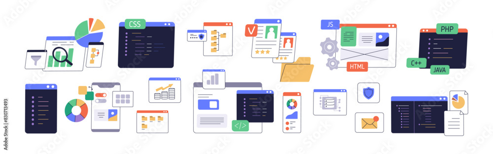 Poster Information technology concept. Digital screens, user interfaces set for mobile app, web-site. UI designs, codes, scripts, content analytics. Flat vector illustrations isolated on white background